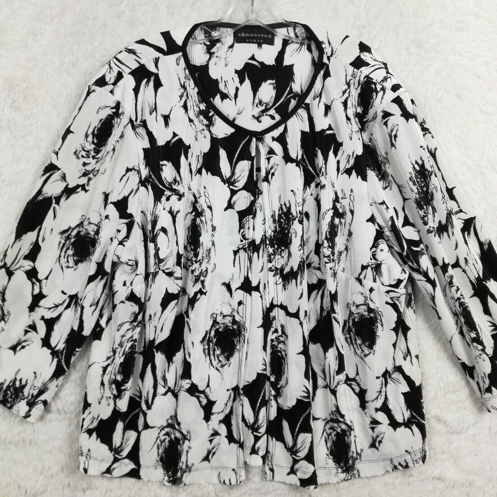 Connected Womens Blouse Cardigan White Black Floral Pleated Layered Tank 1X